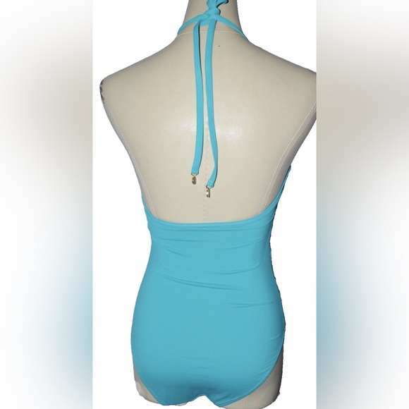 SEVENTH WONDERLAND SIZE 6 S SMALL BLUE TURQUOISE CUT OUTS 1 PC HALTER SWIMSUIT - Picture 2 of 6